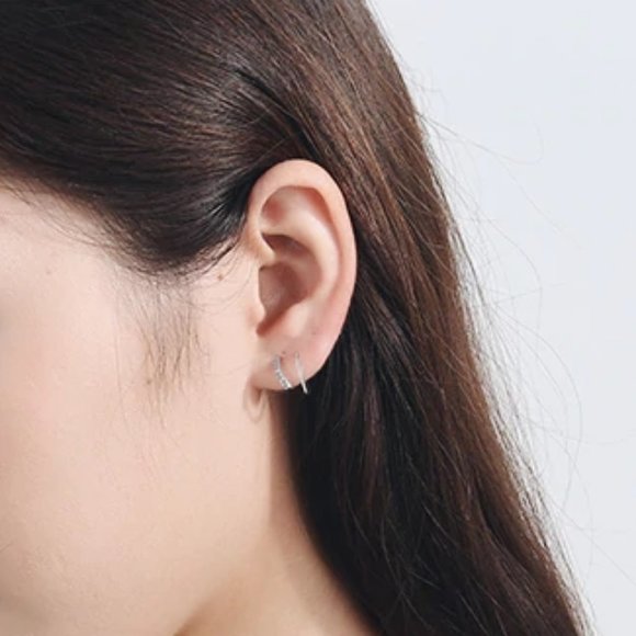 NEW 925 Sterling Silver Pave Diamond Hoop Earrings - Picture 4 of 9